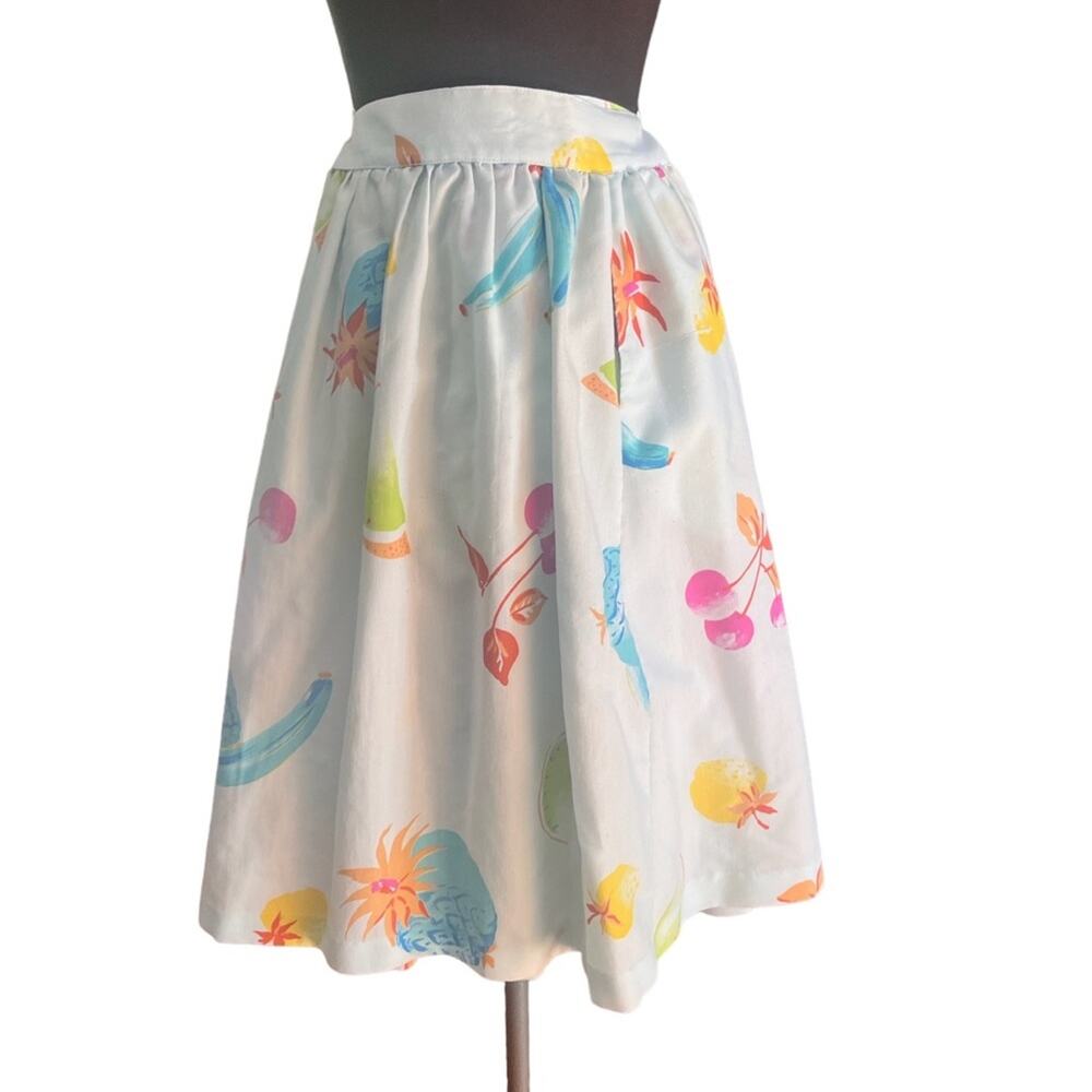Vtg 50s Rayon Novelty Fruit Print Coquette Girly Knee Length Circle Skirt XXS - Picture 1 of 6